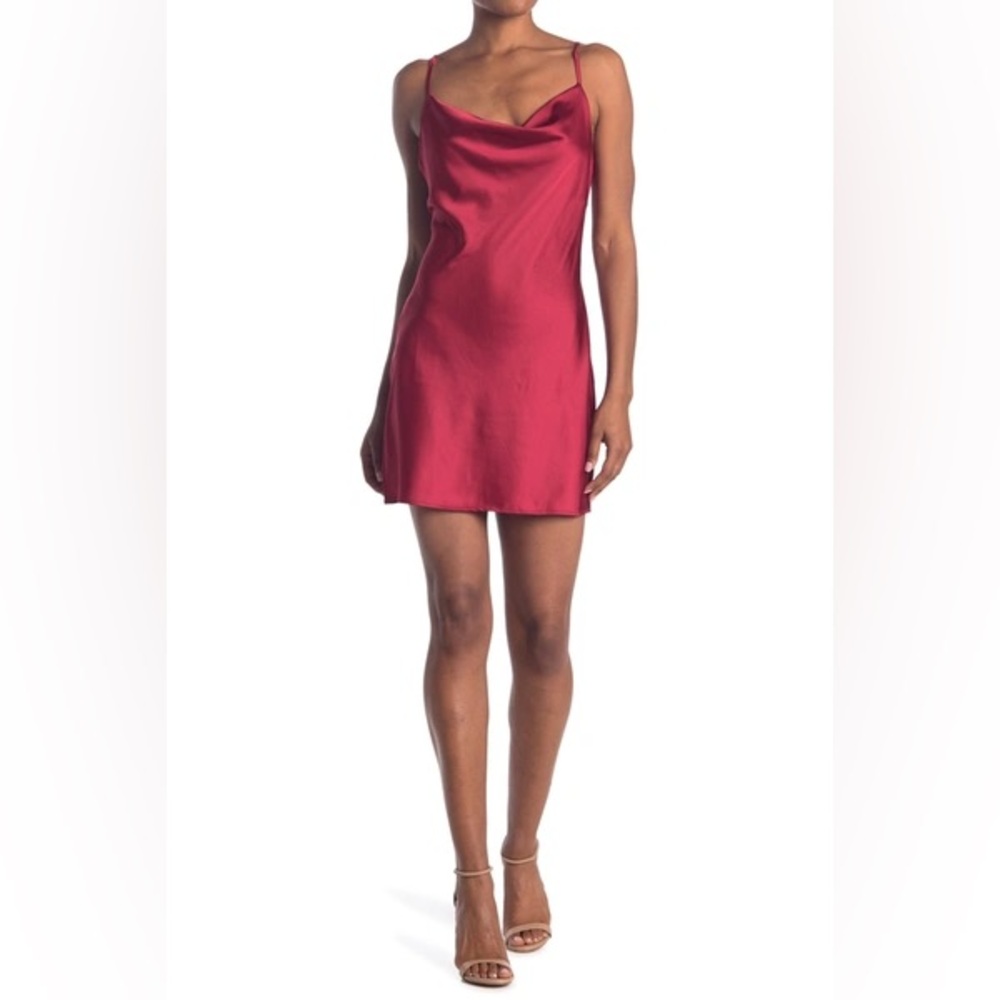 KNOW ONE CARES Satin Mini Slip Dress In Red